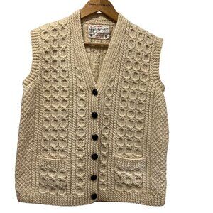 Irish Hand-knit Wool Button Vest, Pockets, Natural, M
